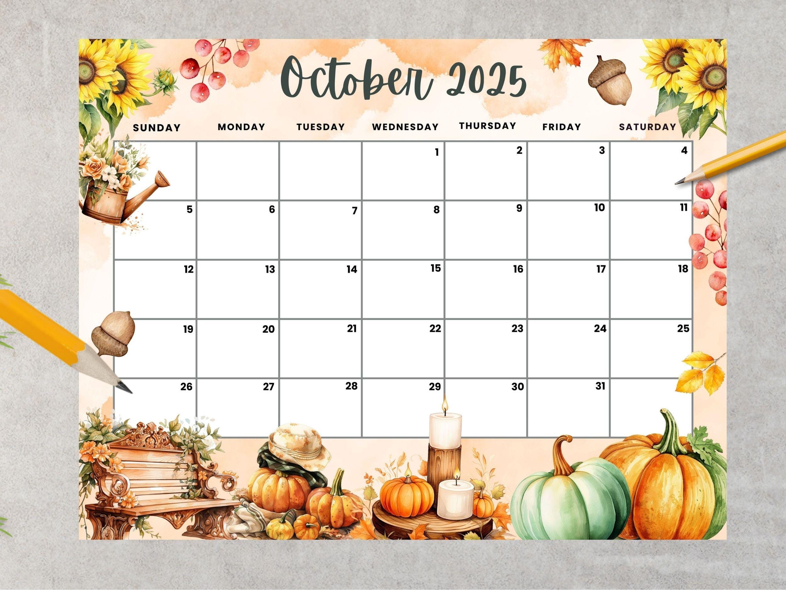 Editable October 2025 Calendar Autumn Fall Theme Monthly Printable 