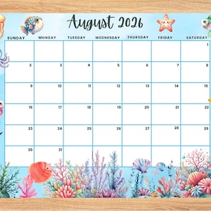Kalender augustus 2026, planner schattige oceaandieren (bewerkbare, afdrukbare pdf)