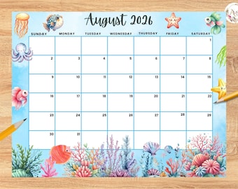 August 2026 Calendar, Cute Ocean Creatures Planner (Editable, Printable PDF)