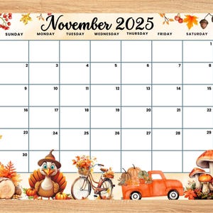 Calendario novembre 2025 MODIFICABILE, Felice Ringraziamento, Bellissimo Planner con Zucca e Tacchino Bambini Autunno colorato Mensile, scuola domestica