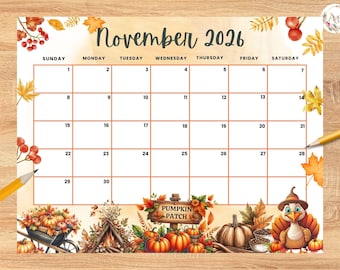 Calendario modificabile di novembre 2026, agenda per il Ringraziamento con zucche e tacchini, colorata, autunnale, mensile, per bambini, ideale per la scuola a casa.