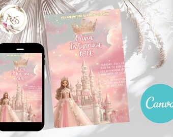 Invito modificabile per il compleanno della principessa / Modello Canva modificabile / Invito alla festa stampabile e digitale per bambini