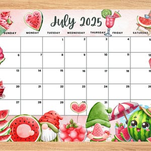 Editable July 2025 Calendar, Adorable and Refreshing watermelon Summer planner, Printable Monthly Calendar for Kids School Home Office Work