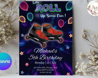 Invito di compleanno retrò al neon con pattinaggio a rotelle, invito per festa sui pattini a rotelle, tema pista di pattinaggio, invito Canva 5x7 08