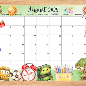 Bearbeitbarer Kalender für August 2025, niedlicher Sommerkalender, Schulanfangsplaner, Monatskalender für die Kinderschule Home Office