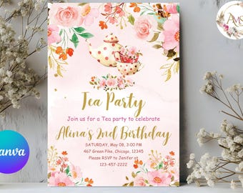 Bellissimo invito di compleanno per festa del tè, invito carino per festa del tè, invito per festa del tè per ragazze, festa del tè stravagante in oro rosa, inviti 5x7 20