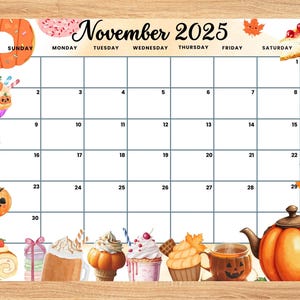 BEARBEITBARER Kalender für November 2025, Happy Thanksgiving-Planer, Süßes & Desserts, Kinder bunter Herbst monatlich, Hausschule, Klassenkalender