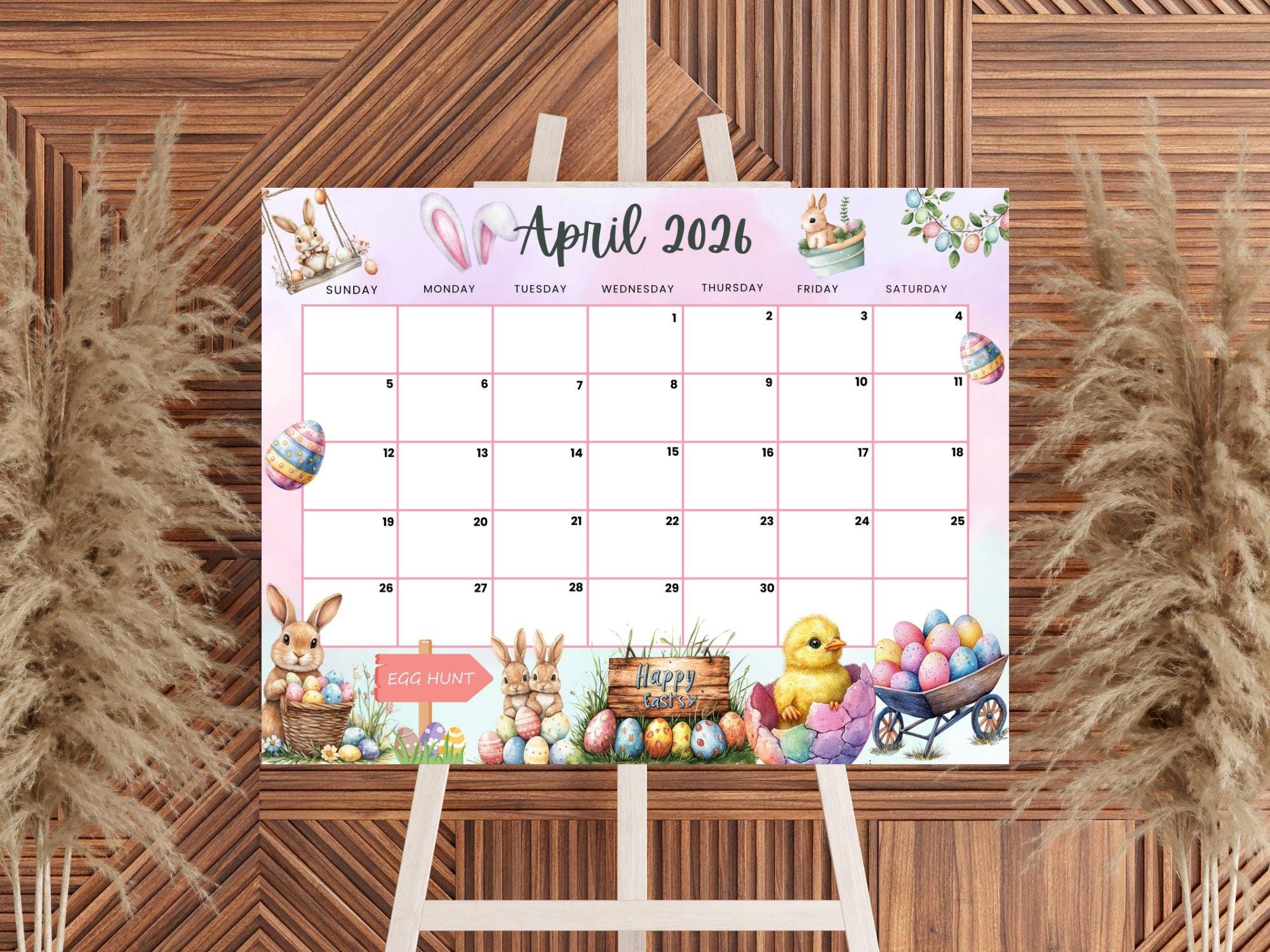 Editable April 2026 Calendar, Happy Easter With Cute Bunny, Printable ...