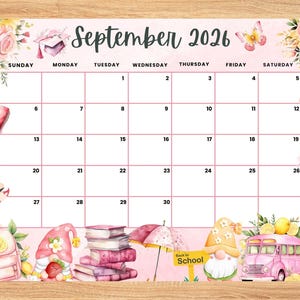 September 2026 Calendar,Back to School Cute Monthly Printable Planner for Home Work, Kids Schedule, Editable fillable September 2026 planner