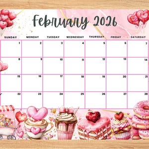 Könnte beinhalten: Ein rosa-goldener Februar-Kalender 2026 mit einem Aquarell-Design mit Herzen, Donuts, Cupcakes und einem Bären in einem Wagen. Der Kalender hat einen rosa-goldenen Hintergrund mit einem weißen Raster.
