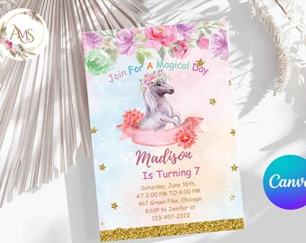 Invito di compleanno a tema cavallo MODIFICABILE, invito a tema cowgirl, compleanno a tema cavallo, invito a tema cavallo, festa a tema cowgirl, compleanno con fiori rosa, modello di invito Canva 17