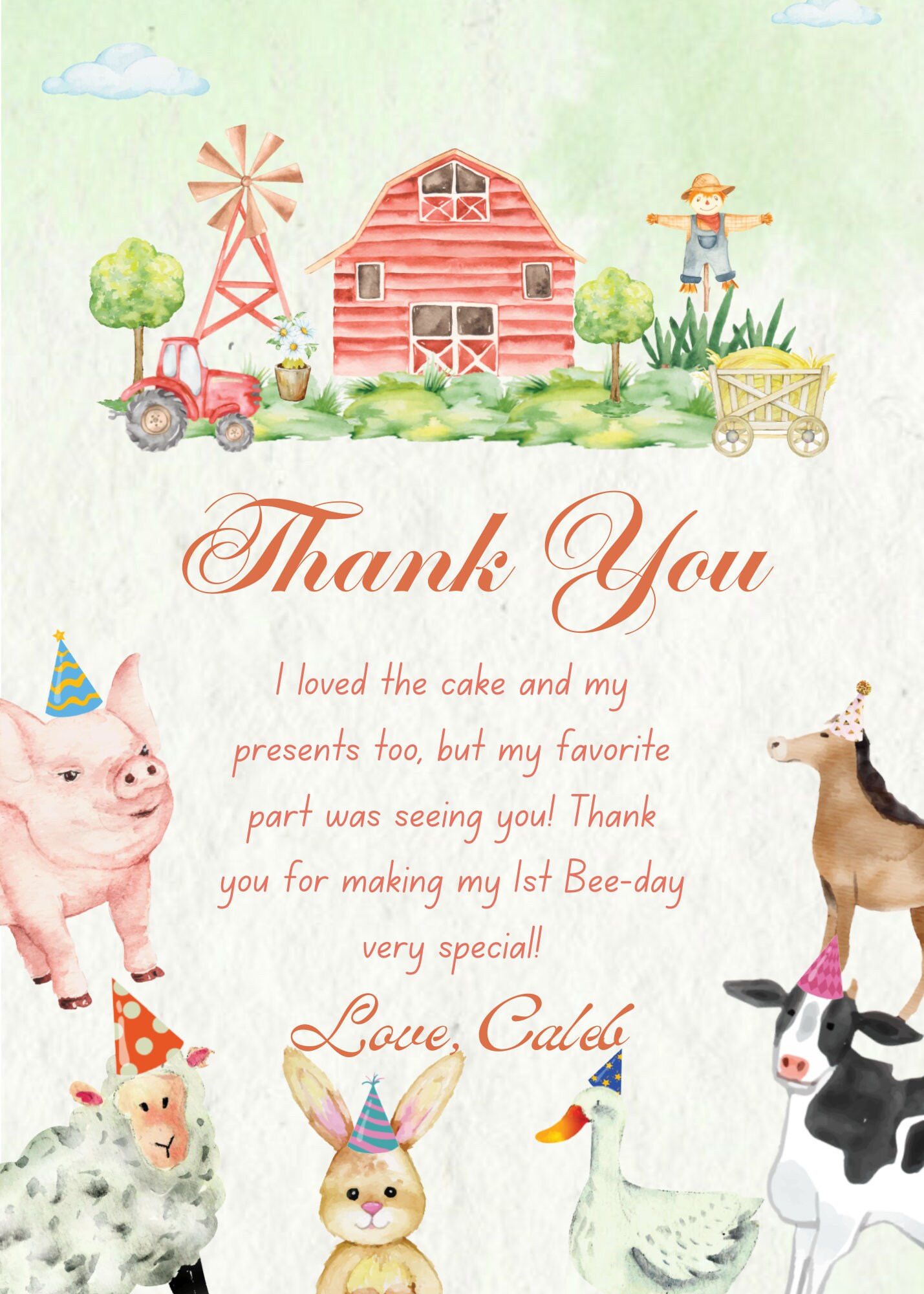 EDITABLE Farm Birthday Thank You Card, Party Favors Greeting Card Farm ...