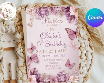 Modello di invito di compleanno a forma di farfalla per Canva, invito per feste modificabile, tema acquerello pastello, download immediato