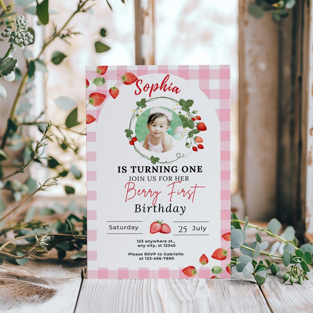 Editable Pink Gingham Berry First Girl Photo Birthday Invitation ...