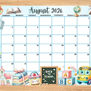 Calendario modificabile di agosto 2026, simpatico calendario estivo, pianificatore per il ritorno a scuola, calendario mensile per bambini, scuola, casa, ufficio, lavoro