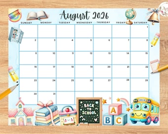 Editable August 2026 Calendar, Cute Summer calendar, Back to School Planner, Monthly Calendar for Kids School Home Office Work