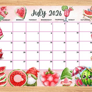 Editable July 2026 Calendar, Adorable and Refreshing watermelon Summer planner, Printable Monthly Calendar for Kids School Home Office Work