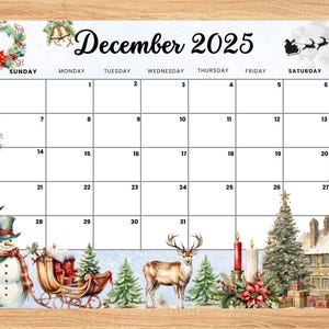EDITABLE December 2025 Christmas theme Calendar with Snowman, Christmas tree, Kids, home school, classroom work Office monthly dated planner