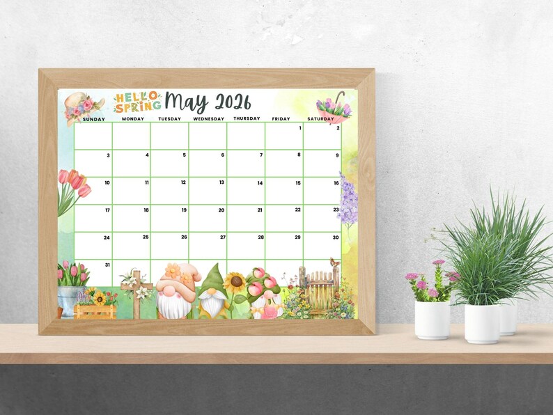 Spring Calender May May 2026 Calendar, Spring Flowers, Cute Gnomes (printable, Editable PDF ...