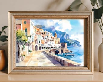 Amalfikusten i Italien, akvarellmålning, Italiensk väggkonst, Amalfikustryck, akvarellposter, Retro Amalfikusten i Italien, Estetisk Dekorkonst002