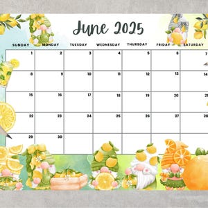 Editable June 2025 Calendar,Adorable and Refreshing Lemon-Themed Summer planner, Printable Monthly Calendar for Kids School Home Office Work