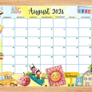 Editable August 2026 Calendar, Cute Summer calendar, Back to School Planner, Monthly Calendar for Kids School Home Office Work