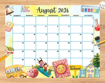 Editable August 2026 Calendar, Cute Summer calendar, Back to School Planner, Monthly Calendar for Kids School Home Office Work