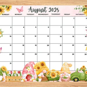Editable August 2025 Calendar, Sunflower with Cute gnome August Planner, Printable Monthly Calendar for Kids School Home Office Work
