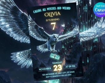 Invito di compleanno per maghi e streghe magiche, modello modificabile Canva, invito per festa di Castle Wizardry