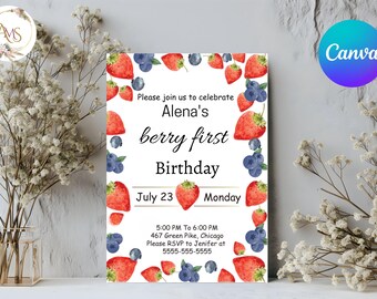 Invito per il primo compleanno di Berry, invito per il primo compleanno di Berry, invito per il primo compleanno di Blue Berry, inviti di compleanno stampabili, modello Canva