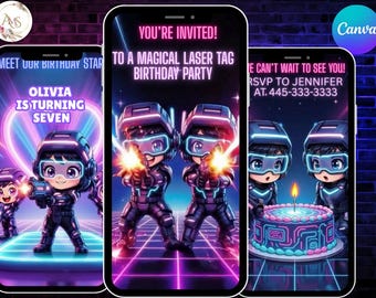 Invito video animato per compleanno con laser tag per ragazze / festa al neon, modificabile con Canva (download digitale)