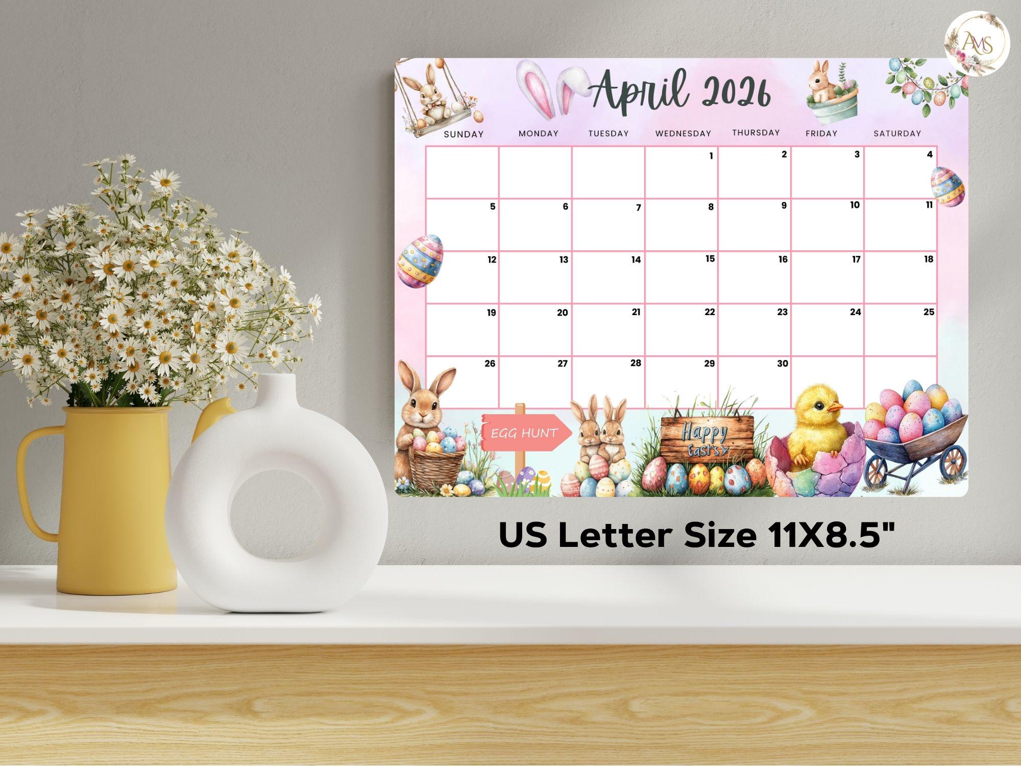 Editable April 2026 Calendar, Happy Easter With Cute Bunny, Printable ...