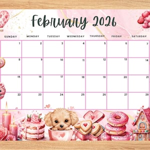 Calendario editable y rellenable de febrero de 2026, bonito planificador de dulces de San Valentín con corazones, horario mensual para niños, escuela, hogar, trabajo y oficina.
