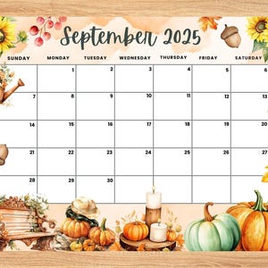 Bearbeitbarer September 2025 Kalender, Herbst Thema Monatlicher druckbarer Planer für Hausarbeit, Kinder Stundenplan, ausfüllbarer September 2025 Planer