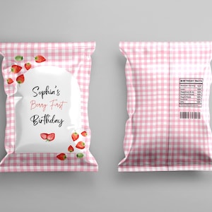 Editable Pink Gingham Berry First Chip Bag Wrapper, Strawberry Birthday, Berry Sweet 1st Birthday, Chip bag Berry Sweet one Favor template