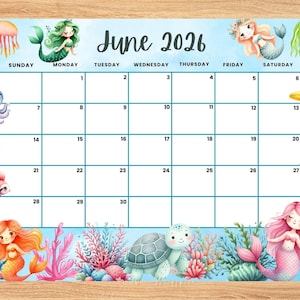 Juni 2026 Meerjungfrauen-Kalender, bearbeitbarer Monatsplaner (PDF, JPG)