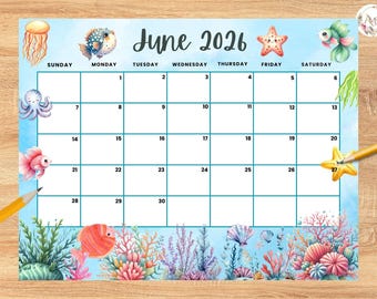 June 2026 Ocean Creature Calendar, Editable Summer Planner (PDF)