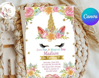 Invito di compleanno unicorno, invito per festa pastello, modello Canva scaricabile e stampabile per ragazze, invito elettronico 5x7 per donna 15