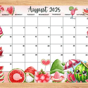 Editable August 2025 Calendar,Adorable and Refreshing watermelon Summer planner, Printable Monthly Calendar for Kids School Home Office Work