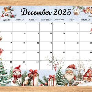 EDITABLE December 2025 white winter Christmas Calendar with Snowman,santa,tree,Kids, home school,classroom work Office monthly dated planner