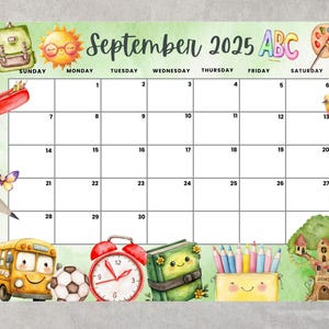 September 2025 Kalender, Schulanfang Niedlicher druckbarer Monatsplaner für Hausarbeit, Kinder Stundenplan, befüllbarer September 2025 Planer