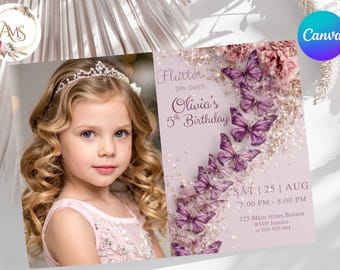 Modello di invito per compleanno con foto di farfalle incantate su Canva, invito per festa modificabile, tema acquerello pastello, download immediato