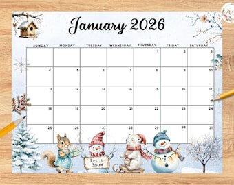 Calendario compilabile MODIFICABILE di gennaio 2026, Planner invernale con pupazzo di neve, Programma mensile stampabile per la scuola dei bambini, i compiti a casa, il calendario per bambini in ufficio