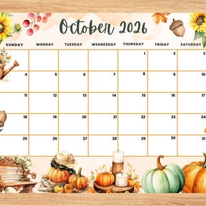 May include: A monthly calendar page for October 2026 featuring a grid layout with watercolor illustrations of sunflowers, pumpkins, acorns, berries, a watering can, and candles. The design includes a wooden bench and autumn foliage accents.