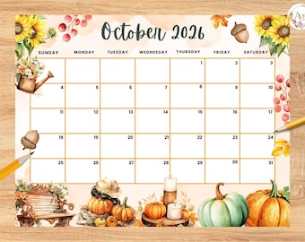 Editable October 2026 Calendar, Autumn Fall Theme Monthly Printable Planner for Home Work, Kids Schedule, fillable October 2026 planner