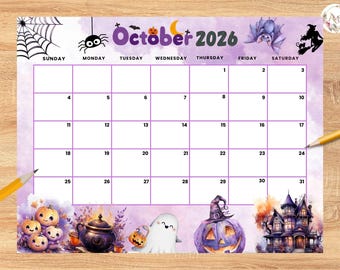 Editable October 2026 Calendar, Autumn Fall Theme Monthly Printable Planner for Home Work, Kids Schedule, fillable October 2026 planner