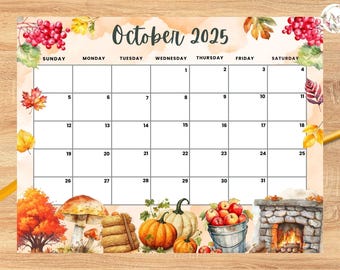 Editable October 2025 Calendar, Autumn Fall Theme Monthly Printable Planner for Home Work, Kids Schedule, fillable October 2025 planner