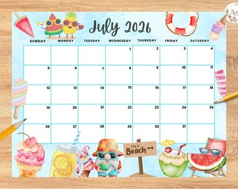 Calendario modificabile di luglio 2026, tema estivo nautico, spiaggia, oceano, pianificatore estivo, calendario mensile stampabile per bambini, scuola, casa, ufficio, lavoro