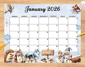 Calendario compilabile MODIFICABILE di gennaio 2026, Planner invernale con pupazzo di neve, Programma mensile stampabile per la scuola dei bambini, i compiti a casa, il calendario per bambini in ufficio