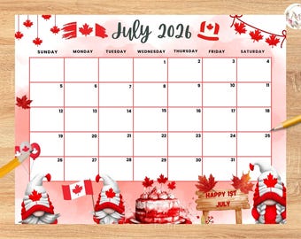 Calendario modificabile di luglio 2026, Festa dell'Indipendenza del Canada con adorabili gnomi, Agenda estiva, Calendario mensile per bambini, Scuola, Casa, Ufficio, Lavoro